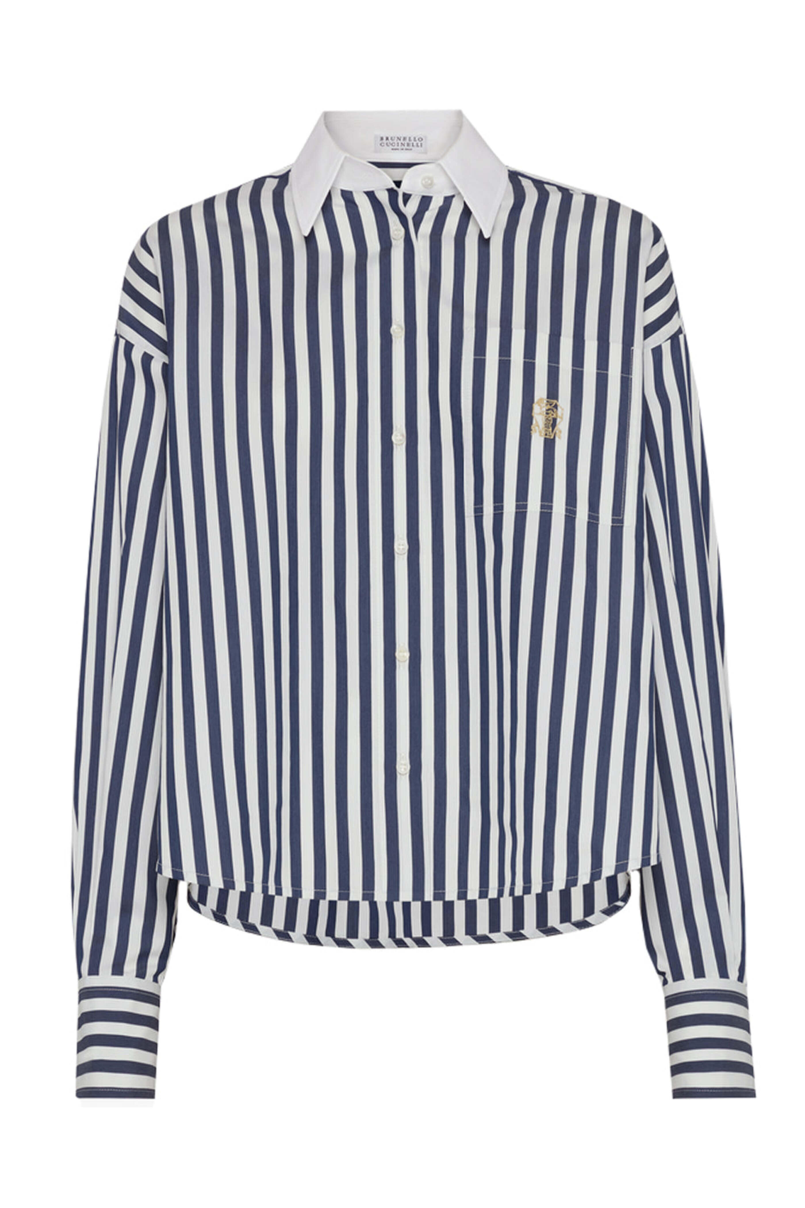 【値下げ中】BRUNELLO CUCINELLI 襟付き長袖トップス 紺x白 M Brunello Cucinelli - White & Blue Stripe Logo Pocket Shirt