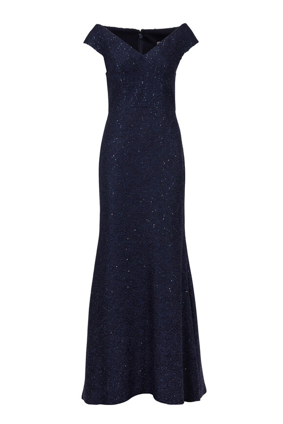 Lela Rose - Navy Sequin Tweed Off-The-Shoulder Gown