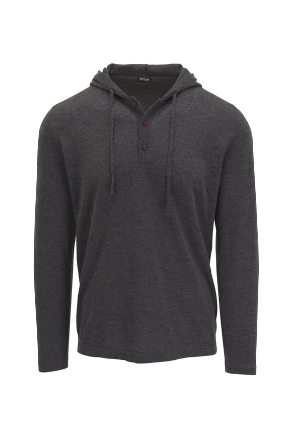 Kiton Charcoal Button Cashmere & Silk Hooded Henley