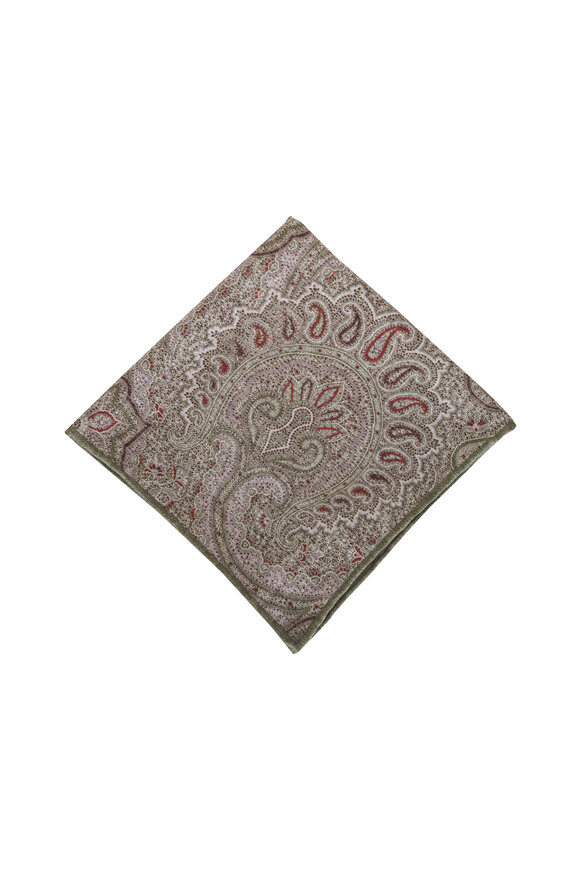 Brunello Cucinelli Olive & Brown Paisley Print Silk Pocket Square