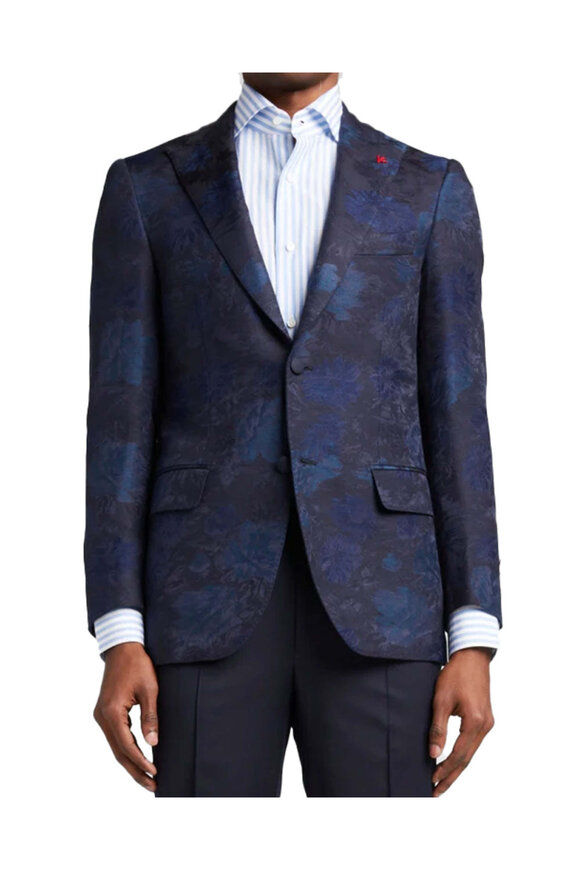 Isaia Navy Blue Floral Pattern Smoking Jacket - view 1