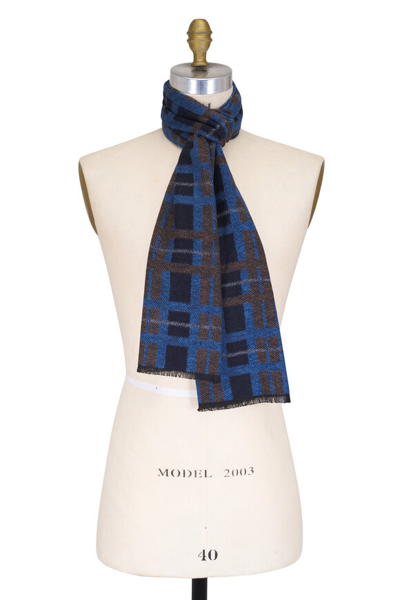 Chelsey Imports Blue & Brown Plaid Brushed Silk Scarf