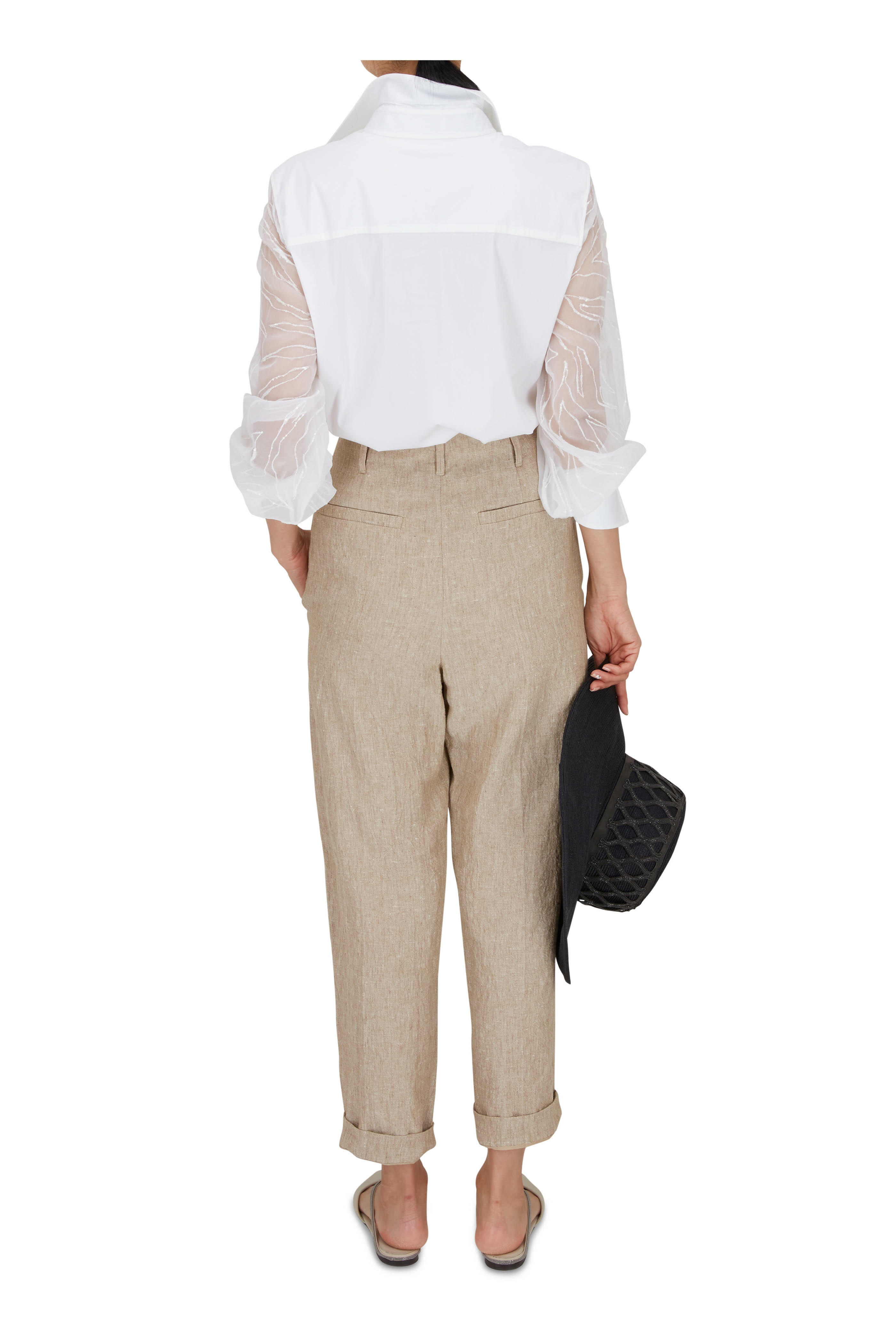 Brunello Cucinelli - White Sheer Sequin Sleeve Button Down