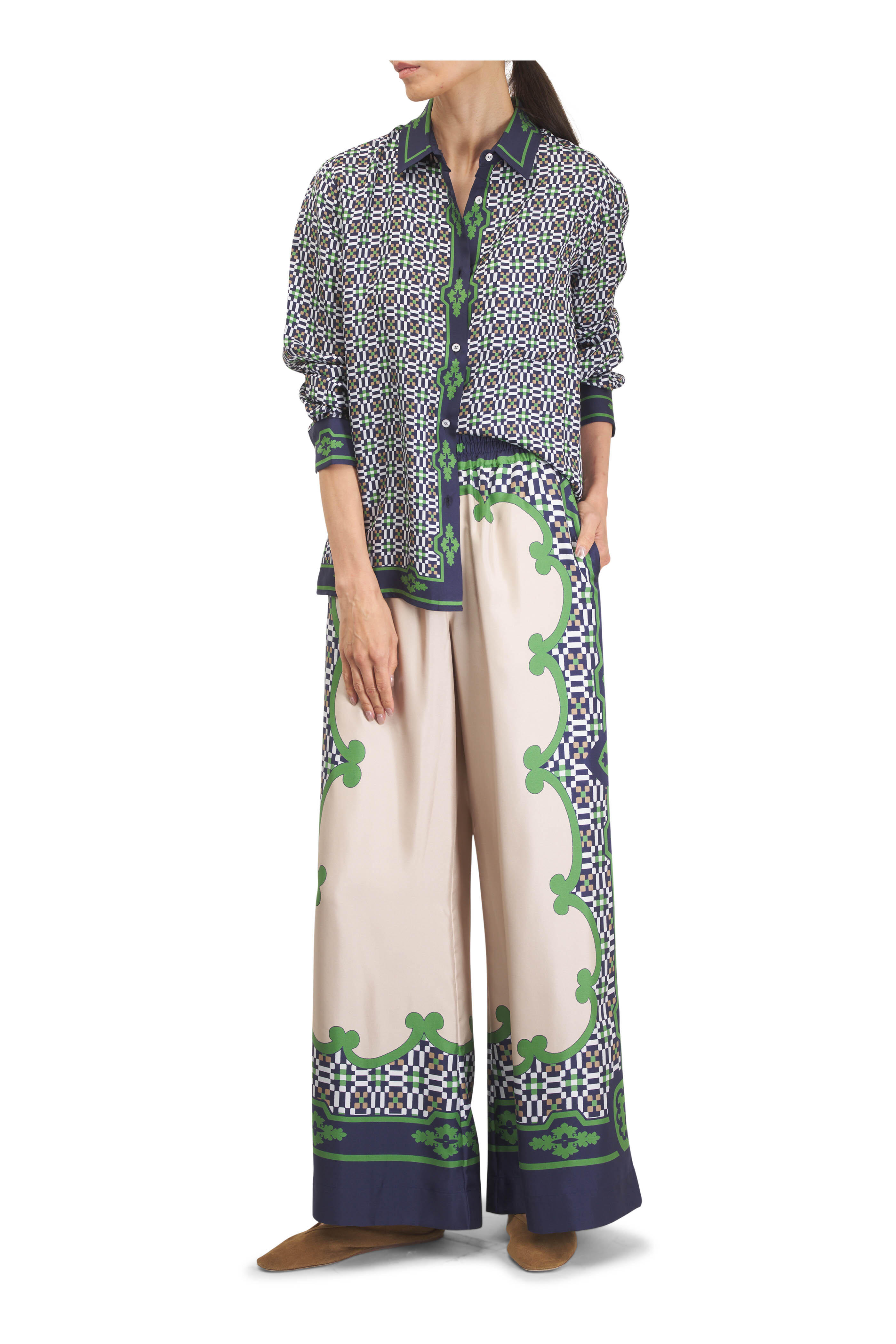 La DoubleJ - Mariposa Placée Green Silk Twill Boy Shirt