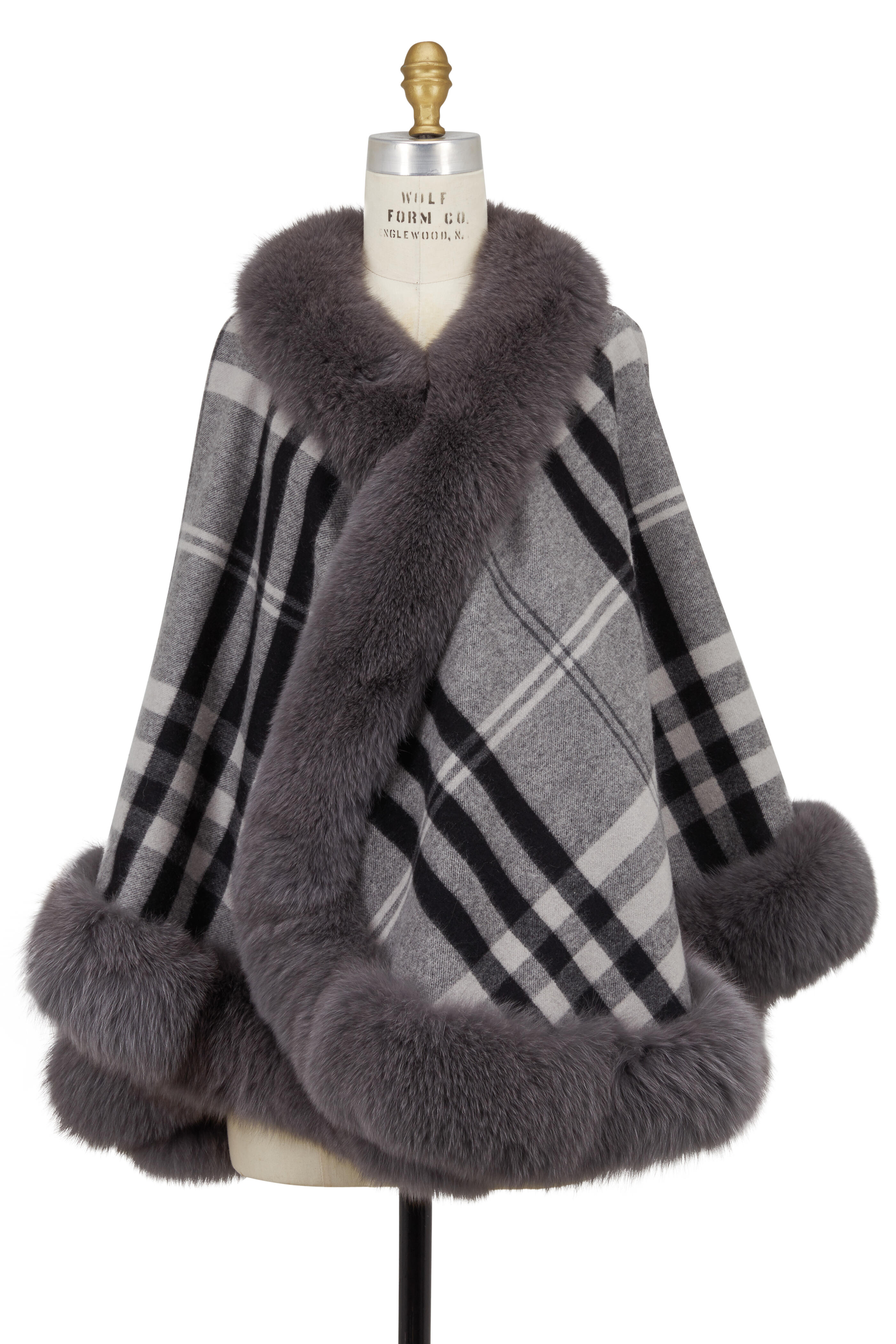 Viktoria Stass - Prince Gray Large Plaid Cashmere & Fox Fur Cape