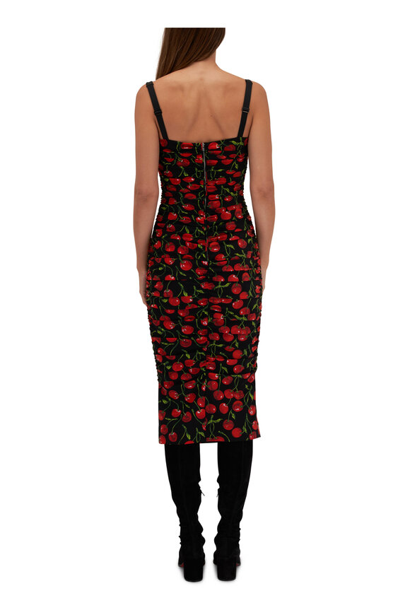 Dolce & Gabbana - Black Cherry Print Draped Midi Dress 