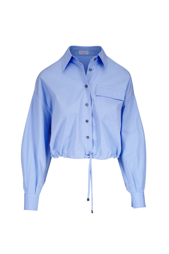 Brunello Cucinelli Sky Cotton Poplin Cinched Waist Top