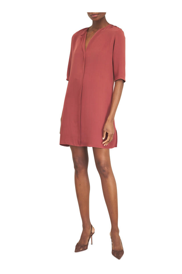 Designer outfit featuring Espresso Suede Mesh Slingback Pump, 85mm and Oh Cinnabar 4-Ply Silk Mini Dress