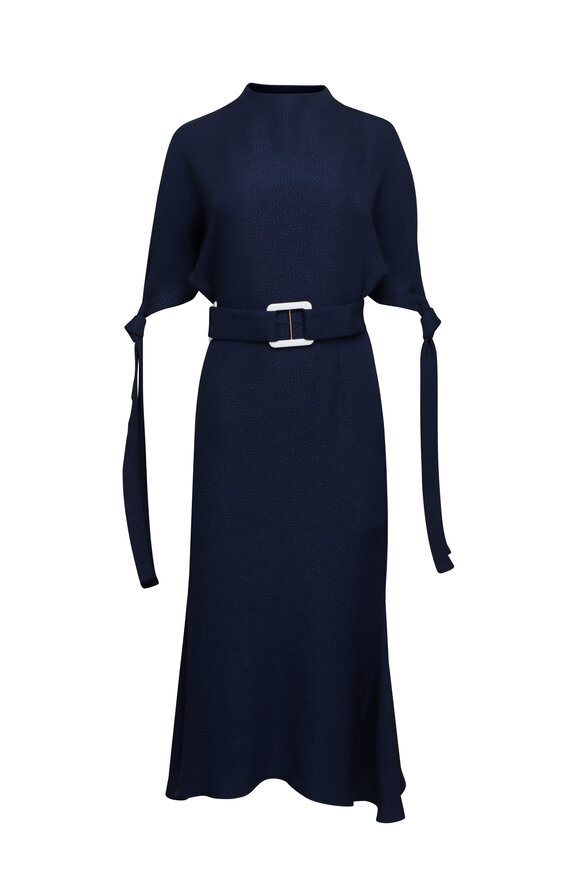 Edeline Lee Pedernal Navy Flou Bubble Jacquard Belted Dress