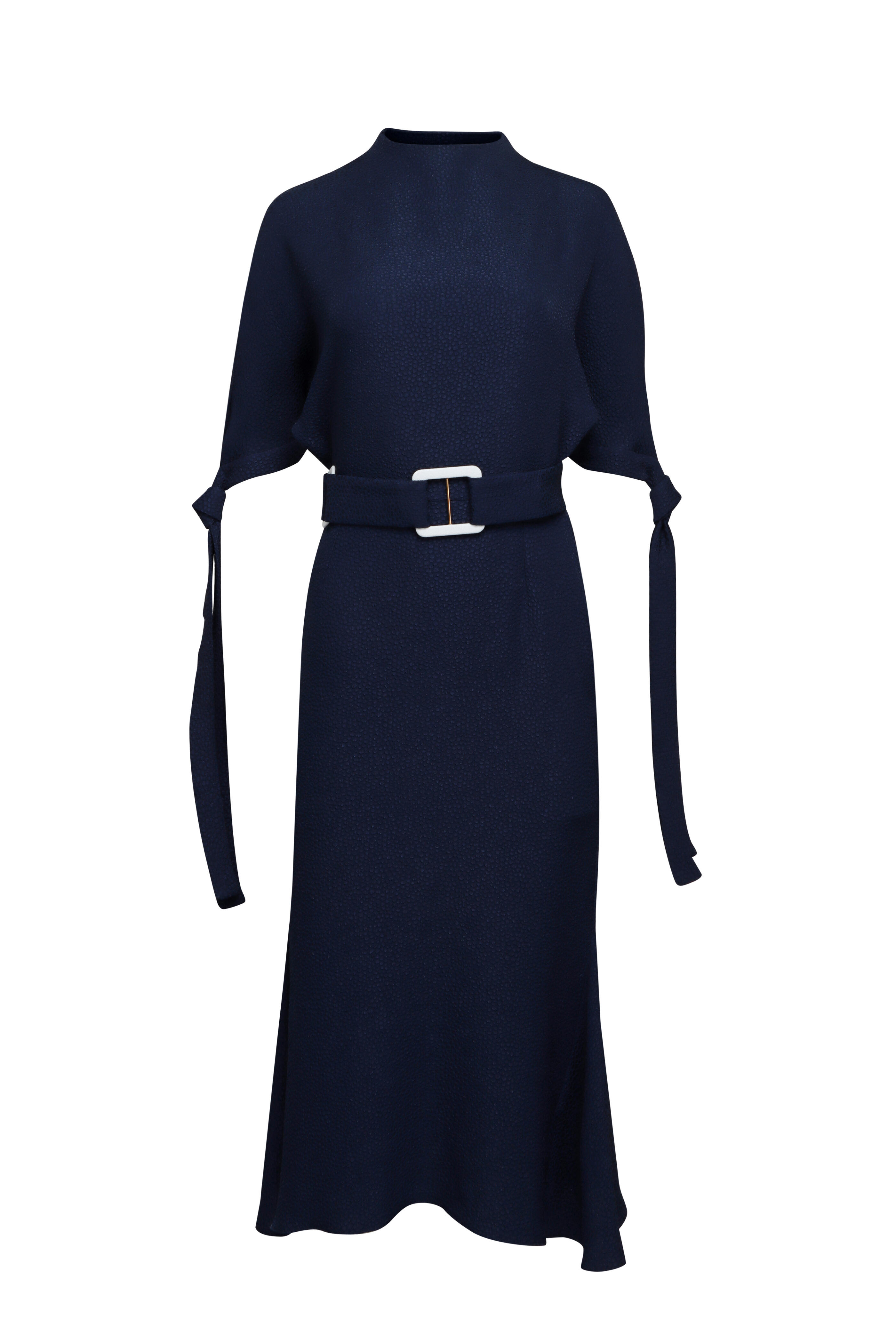 Edeline Lee - Pedernal Navy Flou Bubble Jacquard Belted Dress