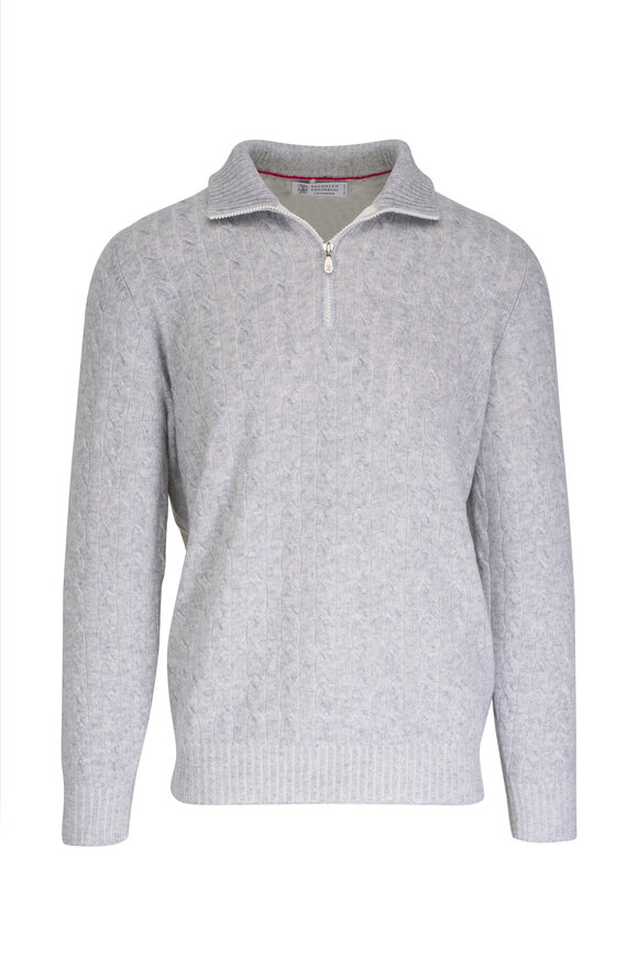 Brunello Cucinelli Light Gray Cable Knit Quarter Zip Pullover