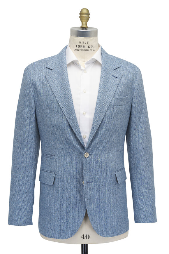 Brunello Cucinelli - Blue Herringbone Wool, Silk & Cashmere Sportcoat 