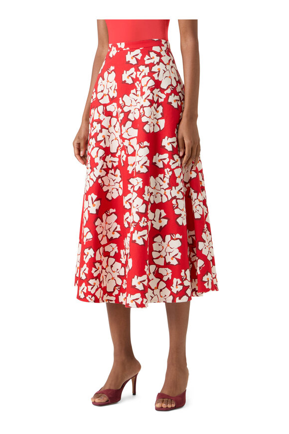 Akris Punto Red & Cream Large Flower Print Midi Skirt - view 4