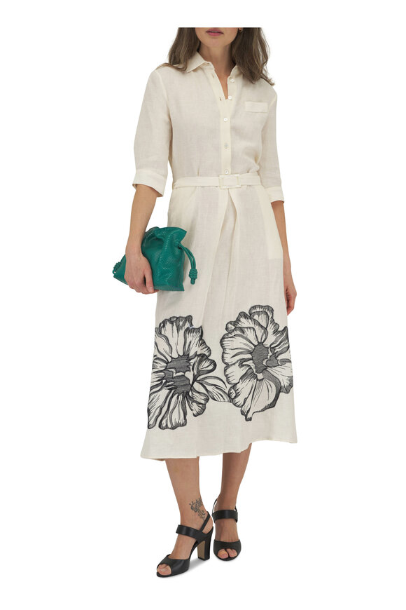 Kiton - Ivory & Black Floral Embroidered Belted Dress 