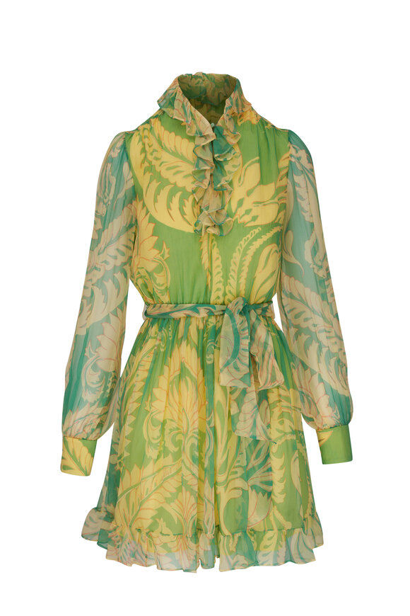 Etro Green & Yellow Belted Silk Dress 