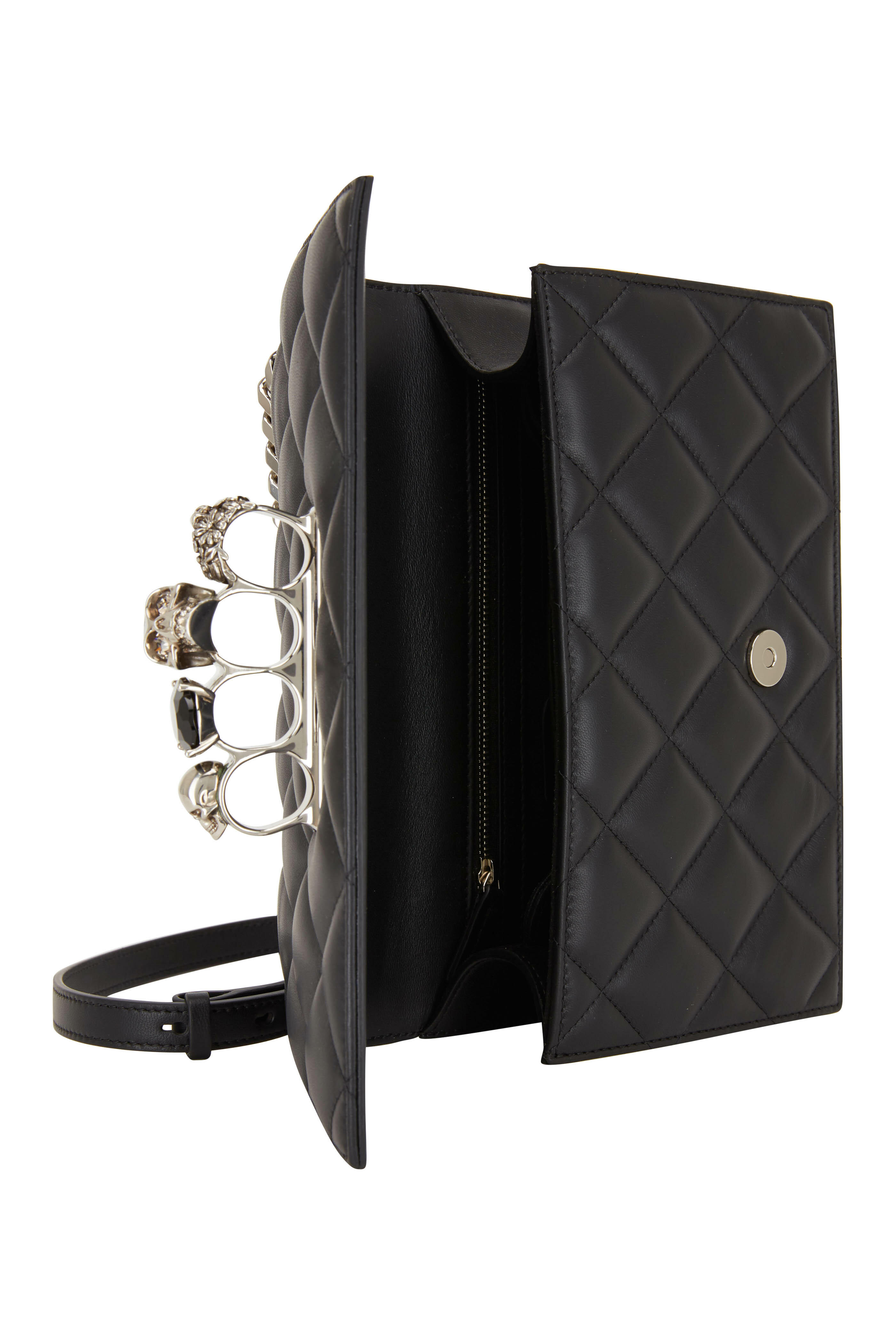 McQueen - Black Quilted Four-Ring Jeweled Large Knuckle Bag