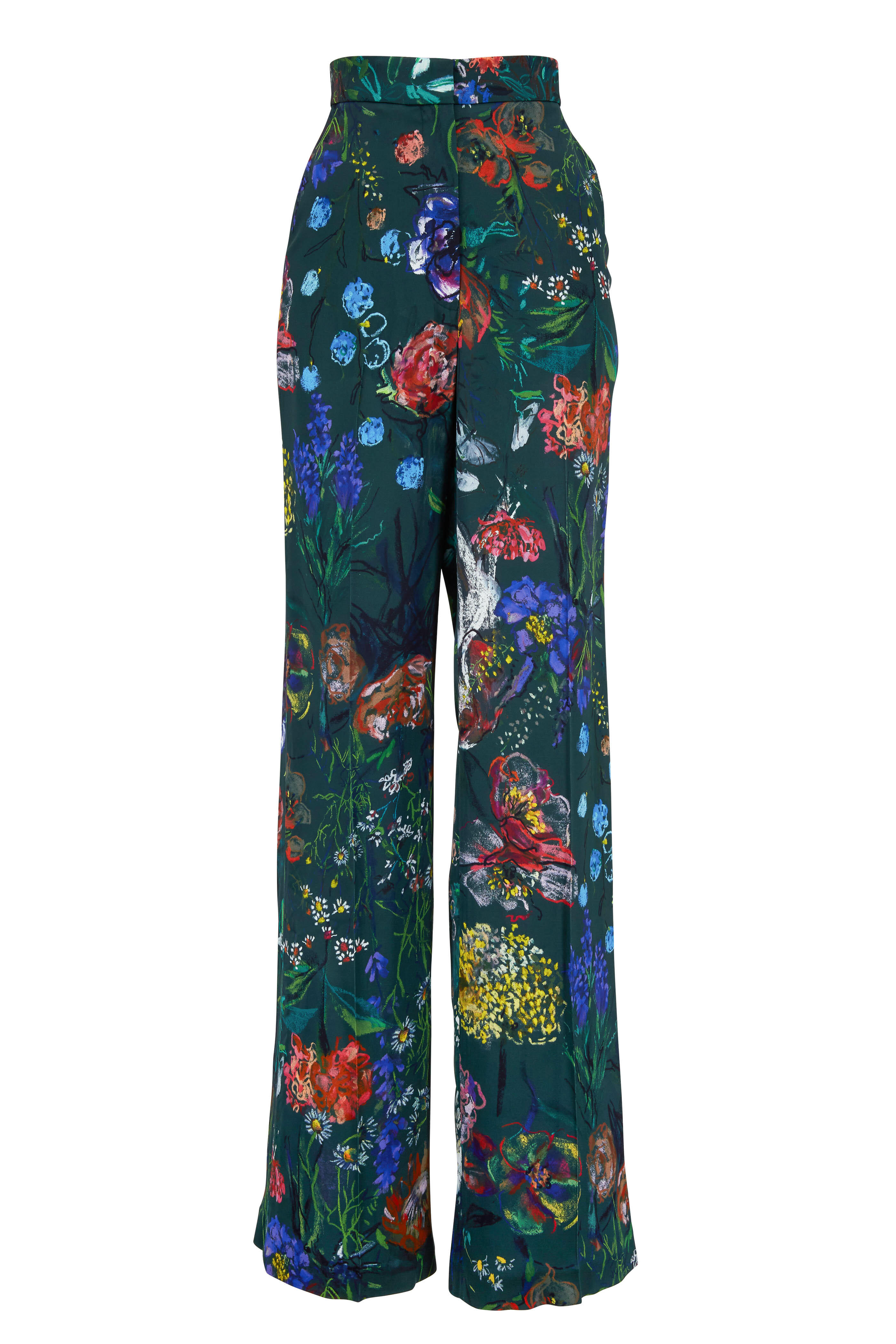 Lela Rose - Maggie Green Multi Floral Printed Wide Leg Pant