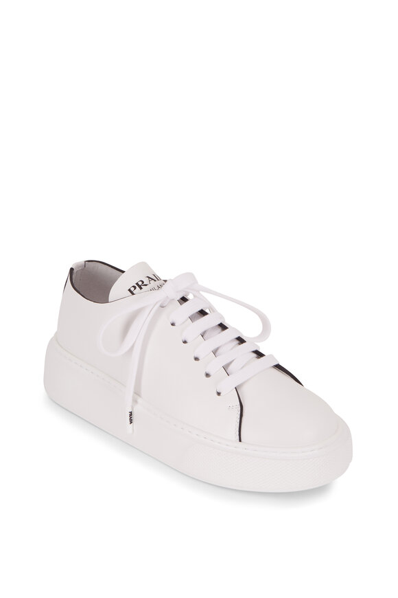 Prada - Bianco Vitello Leather Lace-Up Wedge Sneaker 