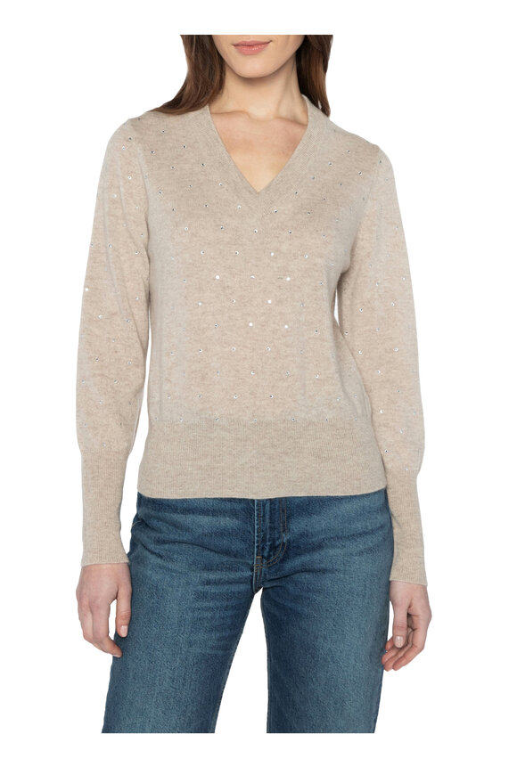 Kinross - Mushroom Cashmere Crystal V-Neck Sweater