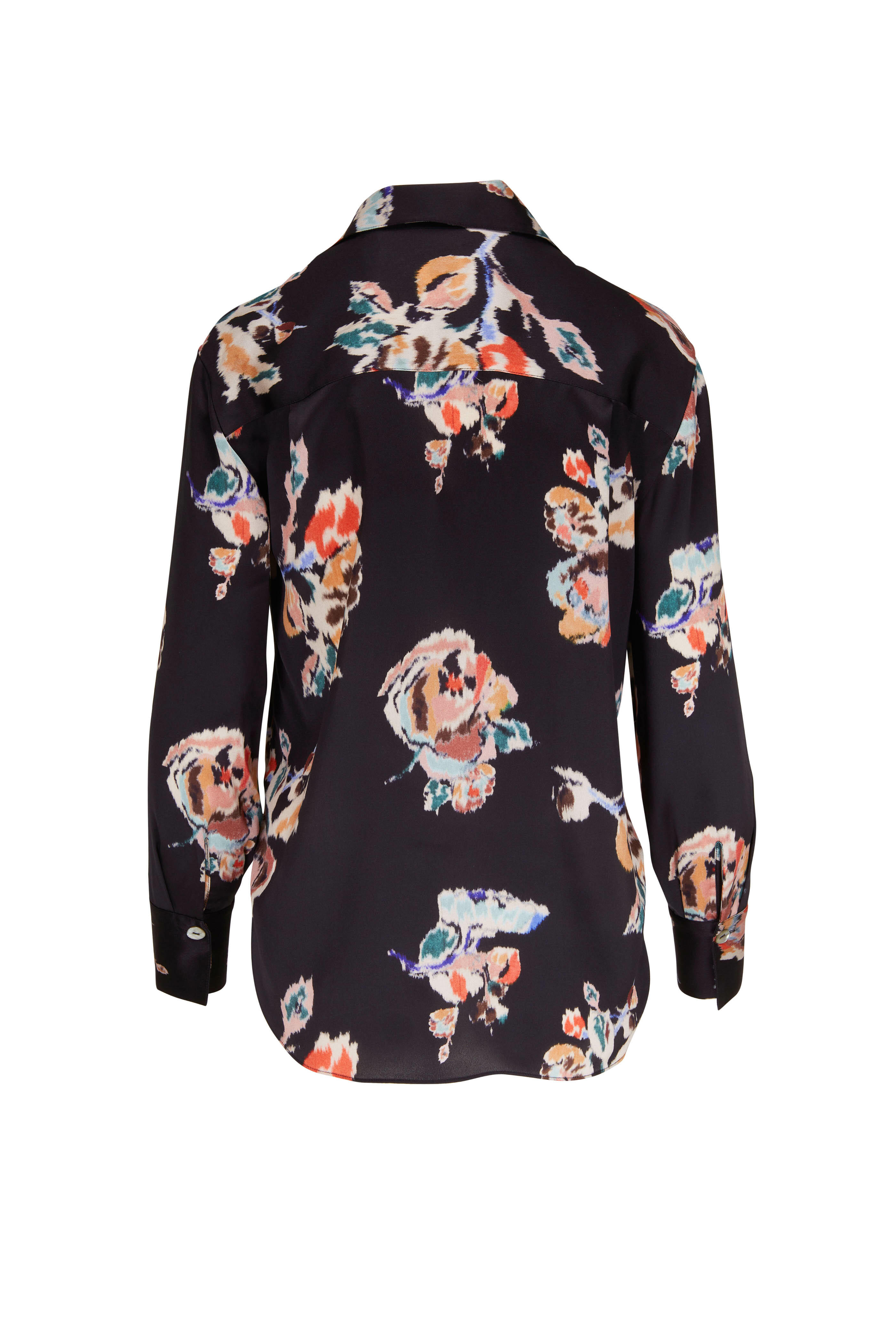 Vince - Black Ikat Floral Print Silk Blouse | Mitchell Stores