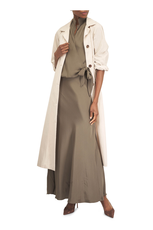 Designer outfit featuring Espresso Suede Mesh Slingback Pump, 85mm, D'or Dew Poly Taffeta Coat and 1 other piece