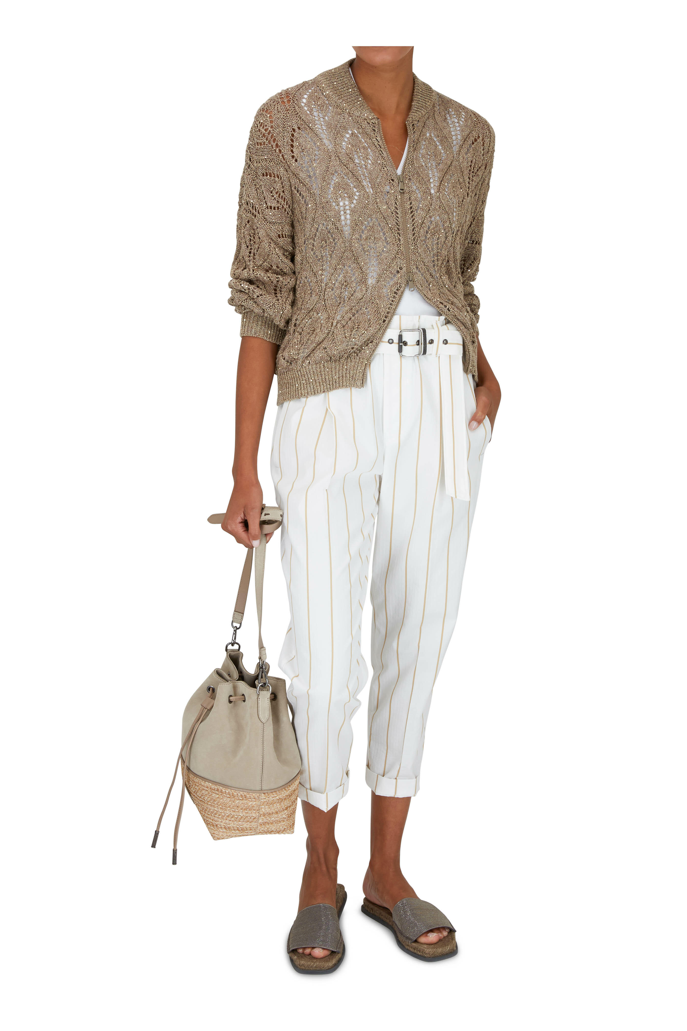 Brunello Cucinelli - Tobacco Linen & Cotton Diamond Crochet Bomber