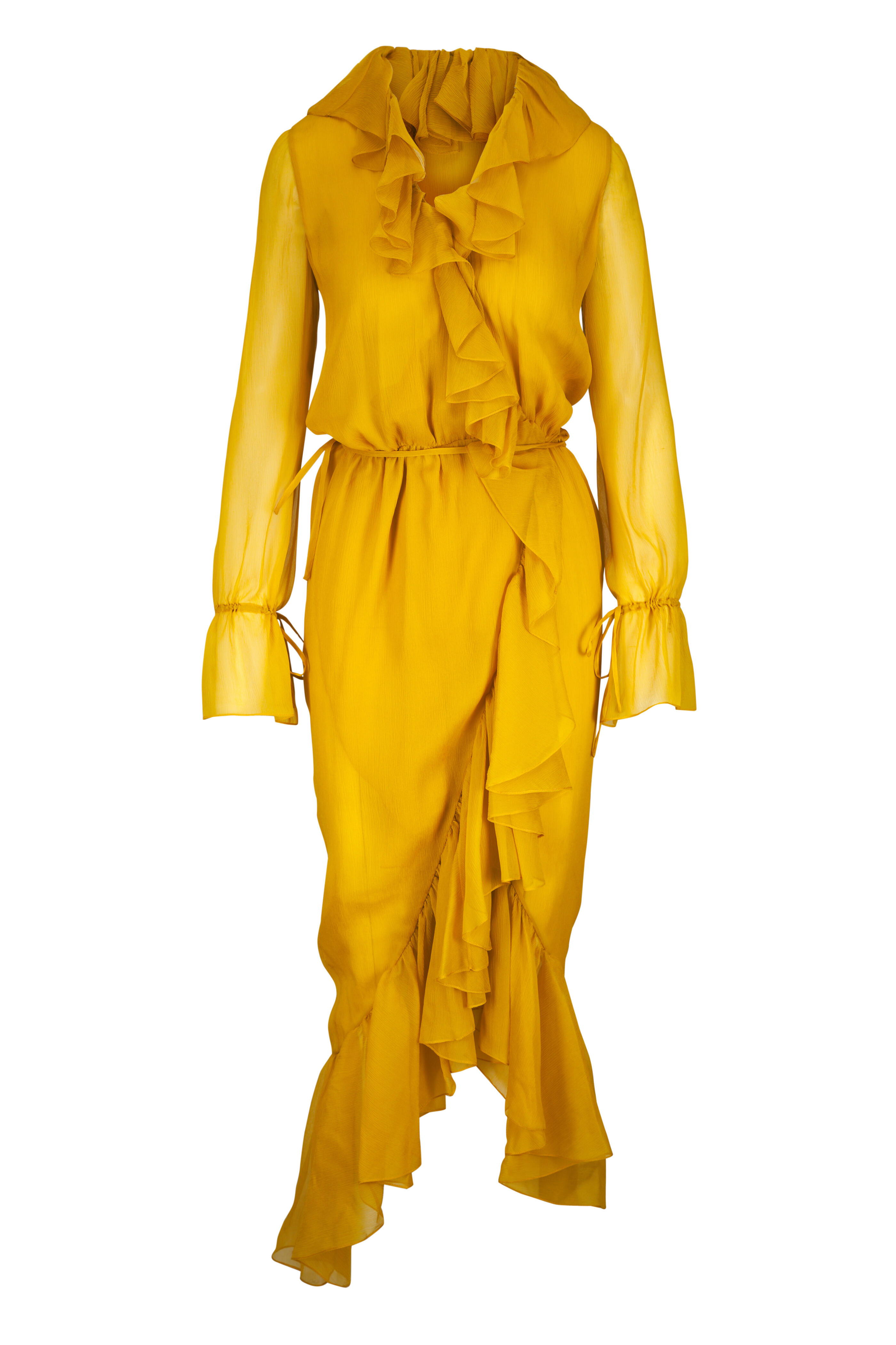 Saint Laurent - Yellow Ruffle Silk Wrap Dress