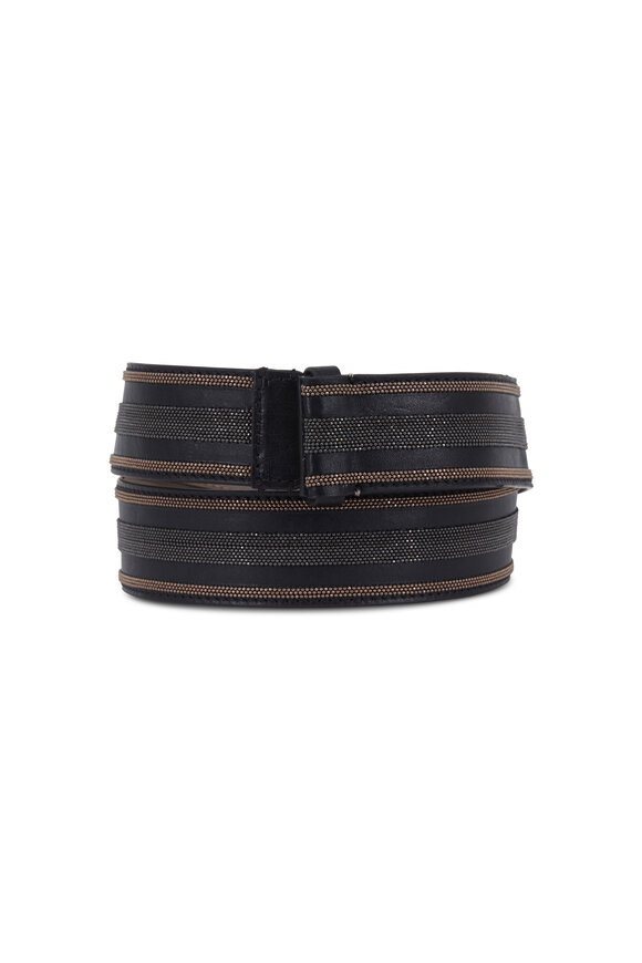 Brunello Cucinelli - Black Leather Monili Striped Belt