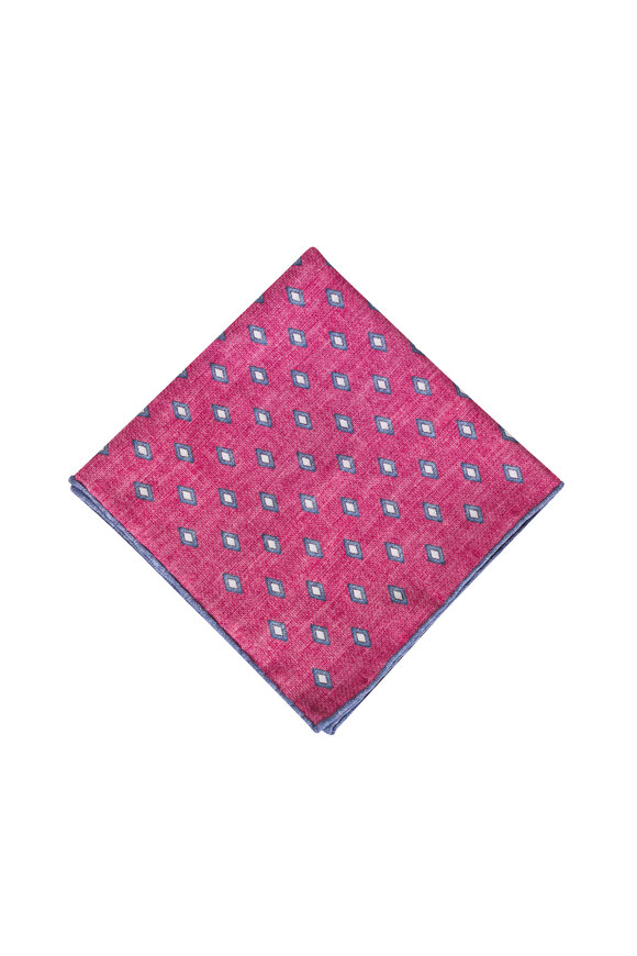 Brunello Cucinelli Denim & Red Geometric Silk Pocket Square - view 1