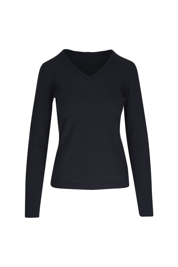 Kinross Kaia Navy Blue Lurex Worsted V-Neck Top 