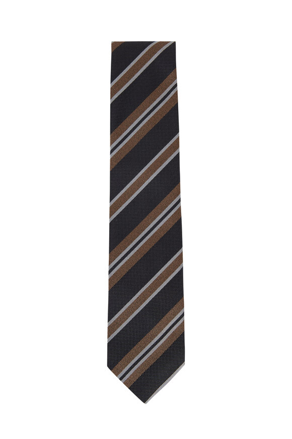 Brioni - Gray & Brown Striped Silk Necktie