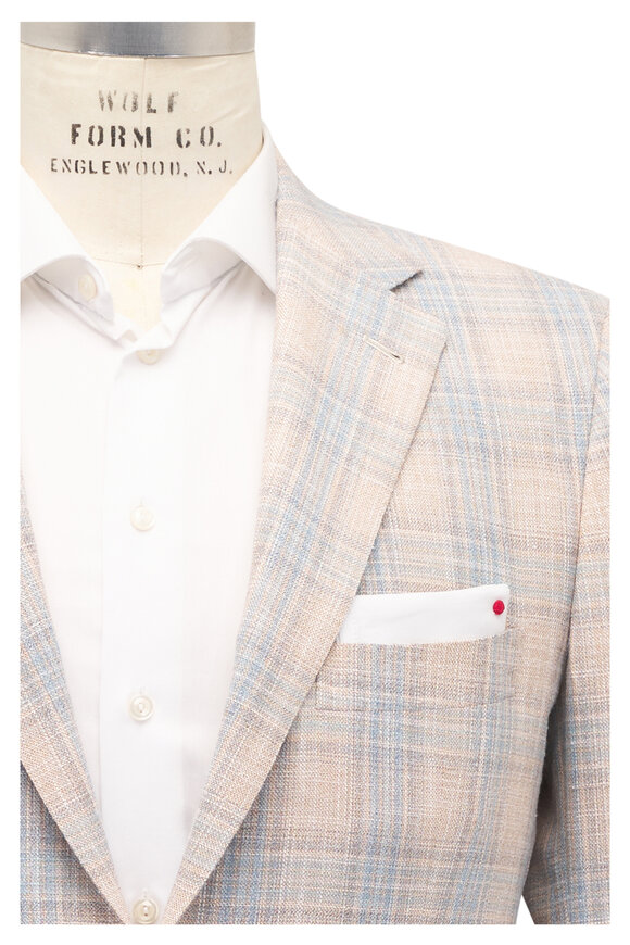Kiton Beige & Blue Wool, Silk, & Cotton Plaid Sportcoat
