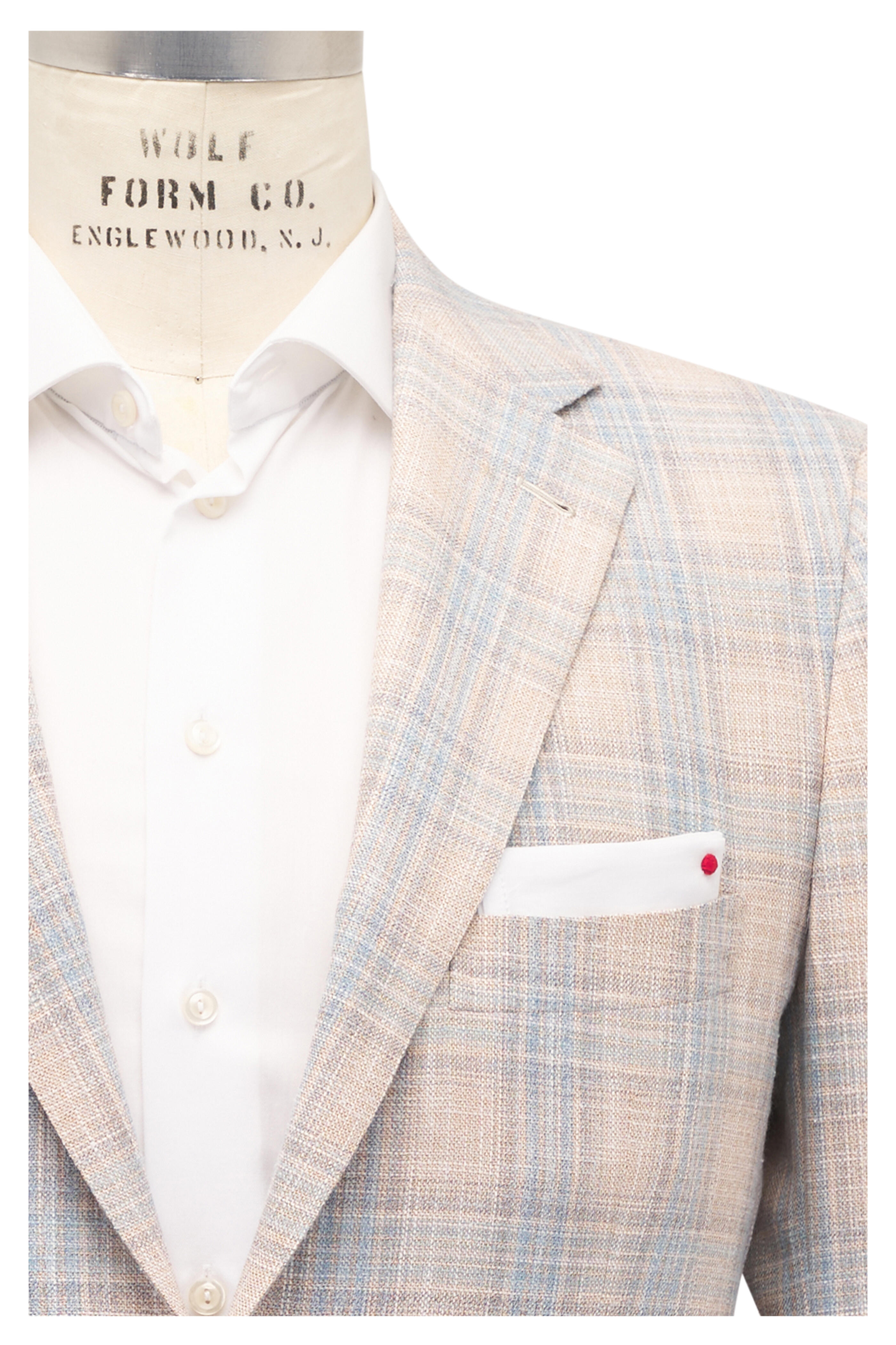 Kiton - Beige & Blue Wool, Silk, & Cotton Plaid Sportcoat