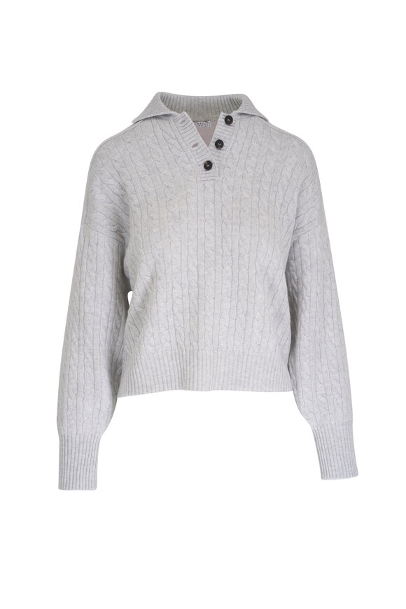 Brunello Cucinelli Gray Cashmere Cable Knit Polo