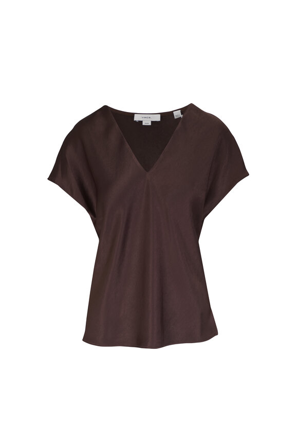 Vince Espresso Satin V-Neck Blouse