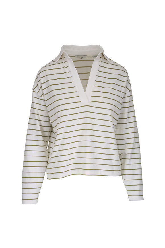 Vince Olive Stone Combo Striped Cotton Long Sleeve Polo