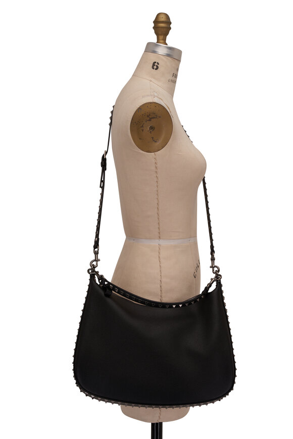 Valentino Garavani - Rockstud Black Grain Leather Hobo Bag