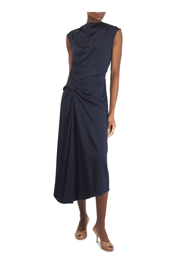 Michael Kors Collection - Navy Blue & Gold Metallic Belted Midi Dress