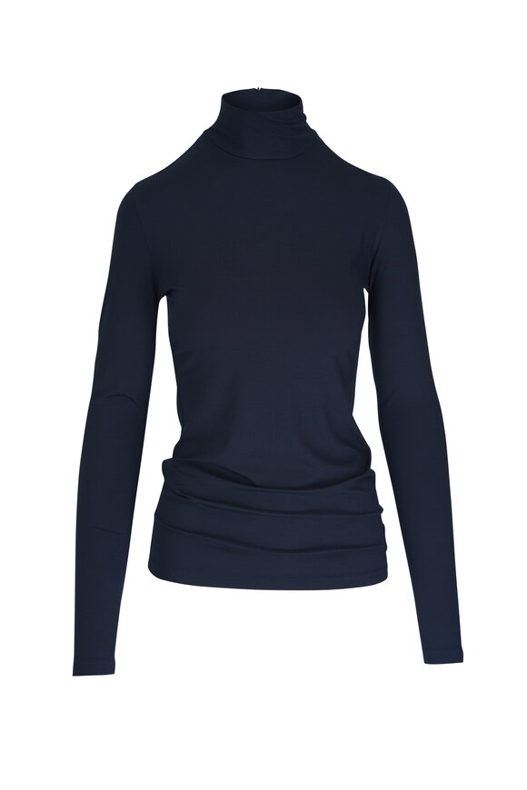 Akris Punto Navy Blue Jersey Mock Neck Knit Top