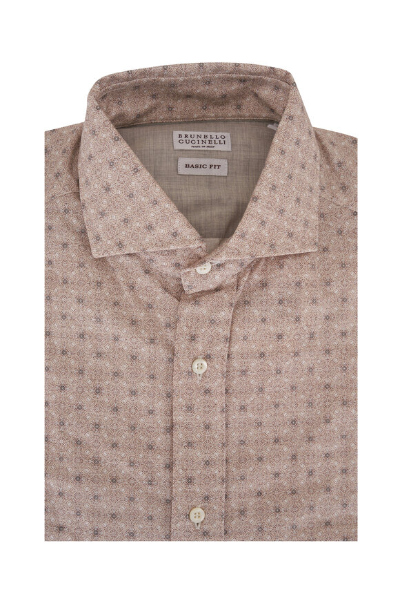 Brunello Cucinelli Tan Geometric Print Cotton Sport Shirt