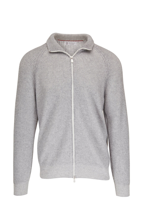 Brunello Cucinelli Gray Ribbed Cashmere Front Zip Sweater