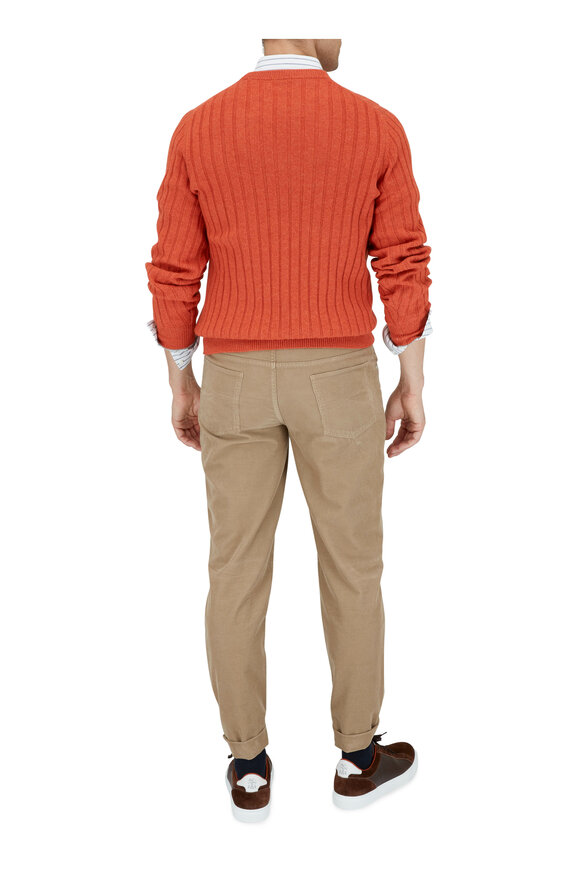 Brunello Cucinelli - Orange Ribbed Crewneck Sweater