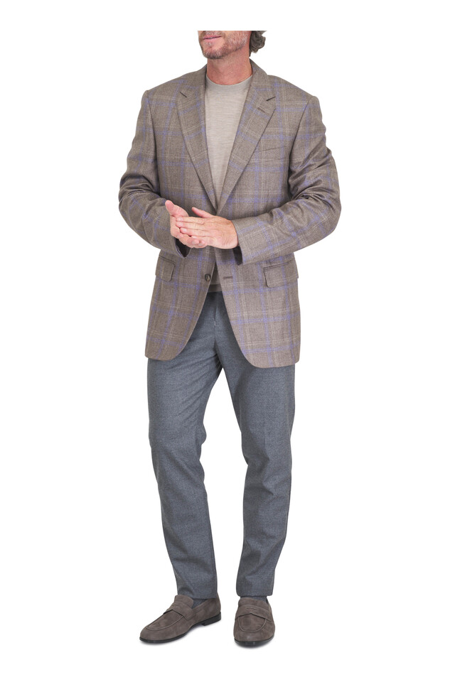 Designer outfit featuring Tiberio Gray Suede Loafer, Como Beige Wool Crewneck Sweater and 1 other piece