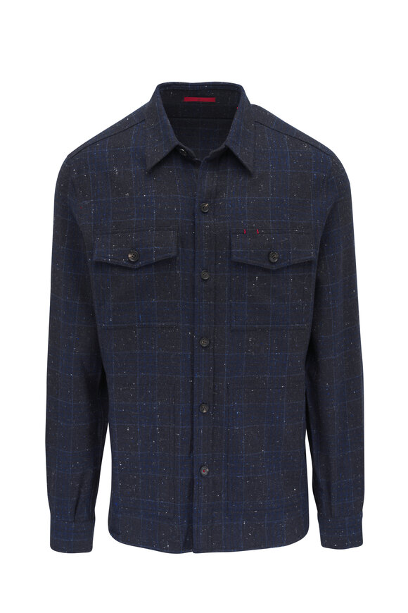 Isaia Navy Blue Cashmere Donegal Plaid Overshirt