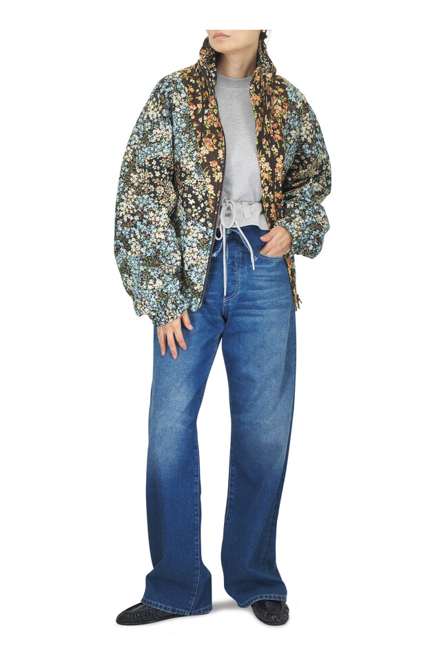 Designer outfit featuring Le Loafer Navy Foldable Nappa Leather Flat and Sky Blue Multicolor Floral Motif Oversized Jacket