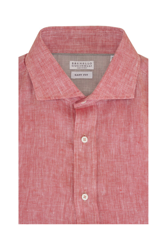 Brunello Cucinelli Orange Solid Linen Woven Sport Shirt