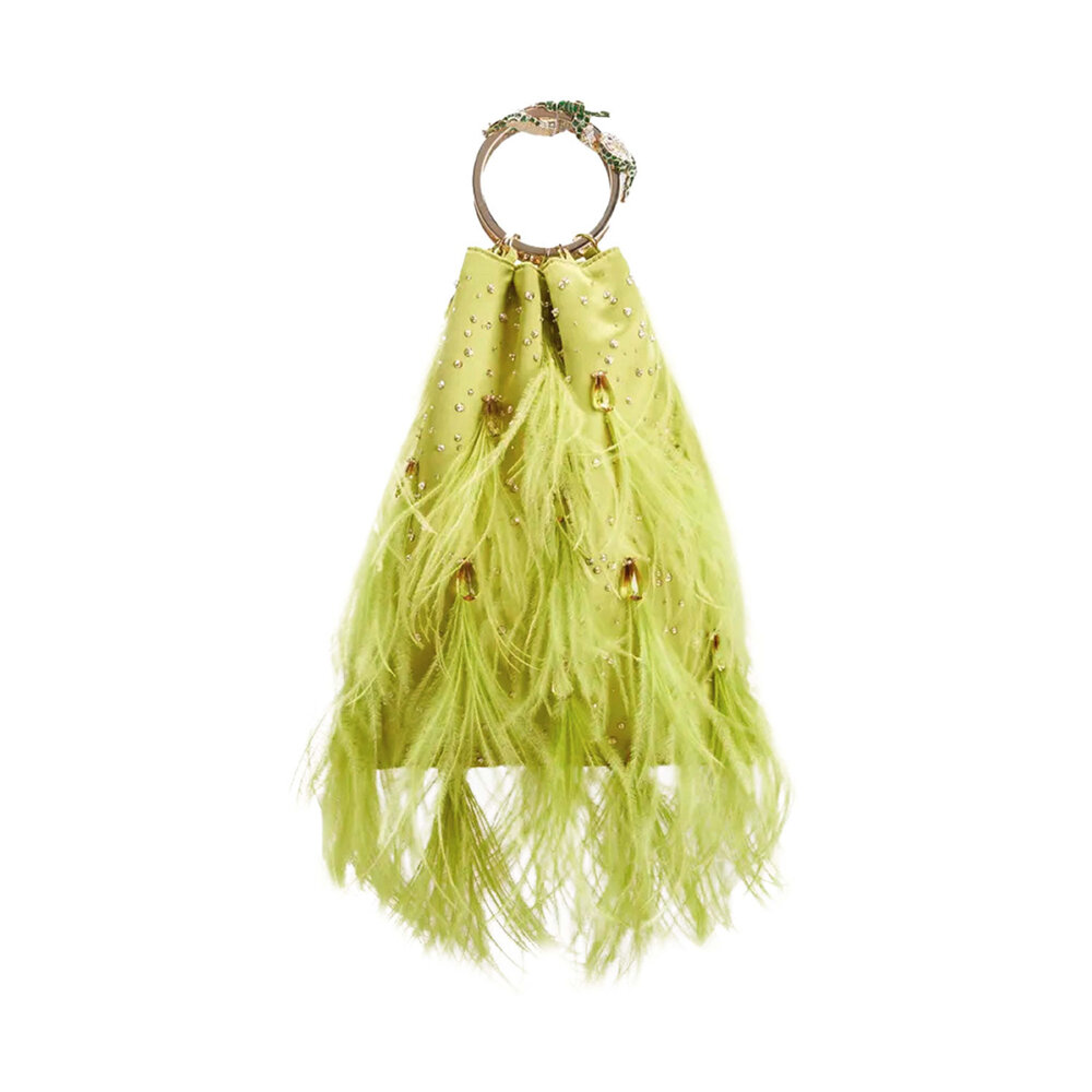 Valentino Garavani Feather Embellished Clutch Bag in Verde Lime