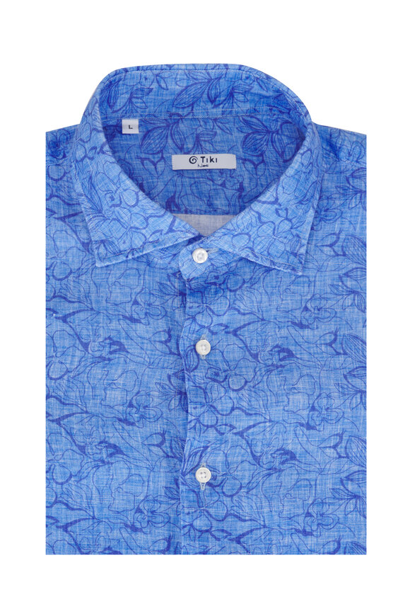 Tiki Blue Floral Print Linen Sport Shirt