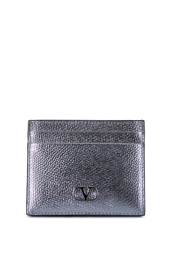 Valentino Garavani VLogo Signature Silver Laminated Leather Card Case