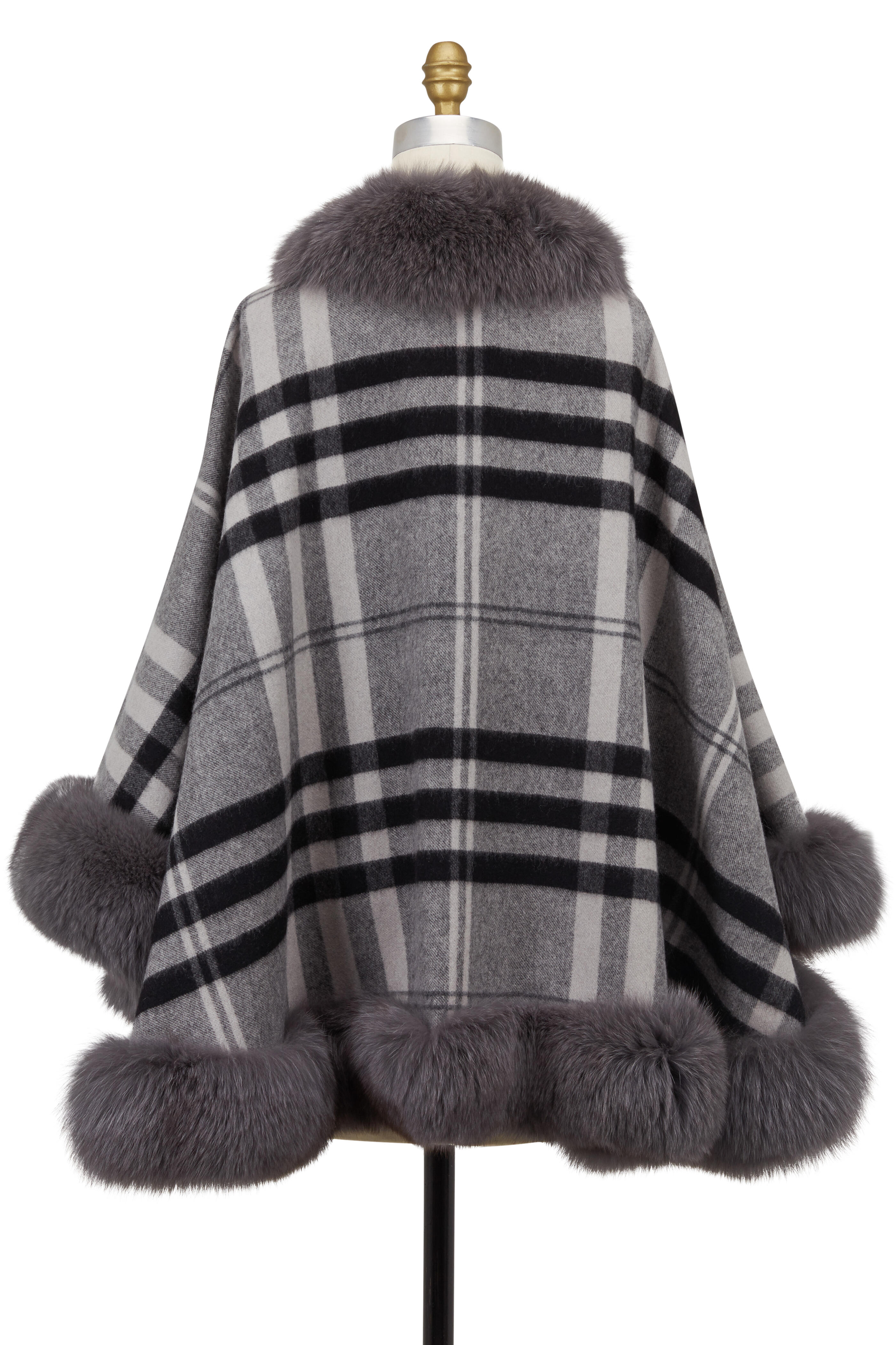 Viktoria Stass - Prince Gray Large Plaid Cashmere & Fox Fur Cape